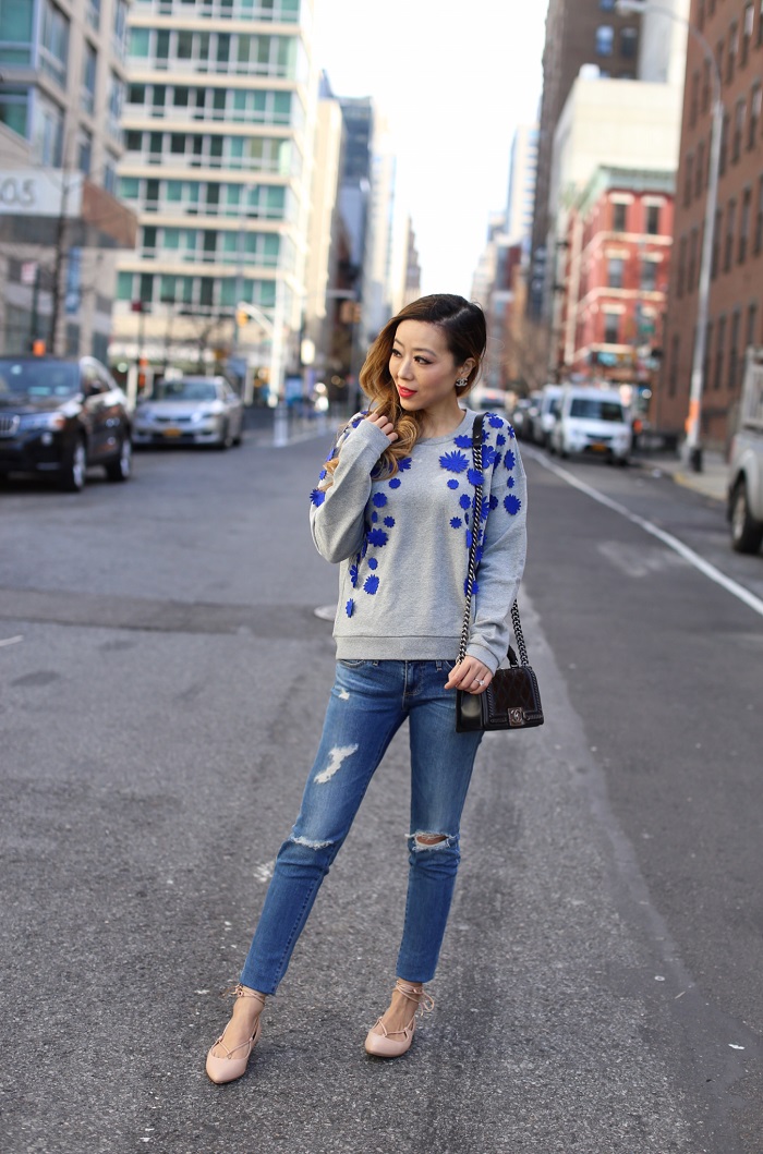 j crew Embellished flower sweatshirt, chanel boy bag, chanel earrings, lace up flats, jcrew lace up flats, AG jeans, spring outfit, spring essentials