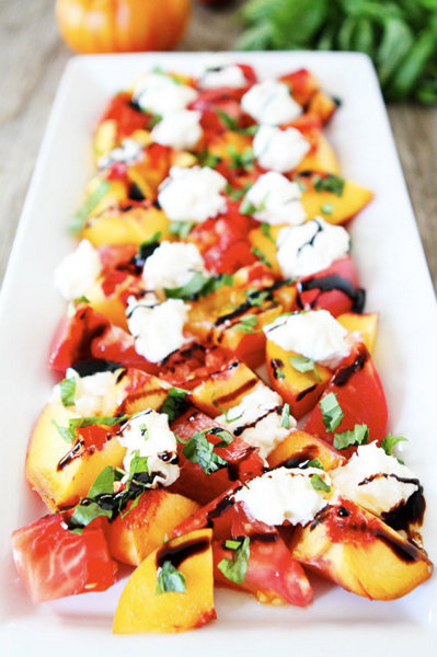 Tomato, Peach, & Burrata Salad @ TwoPeasAndTheirPod.com, another Pretty Way to Serve Tomatoes @ AVeggieVenture.com.