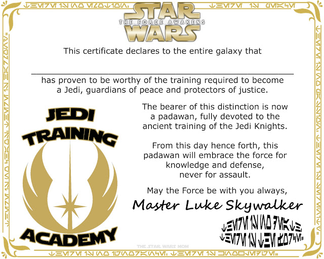 Star Wars The Force Awakens Jedi Training Academy Certificate, Degree, or Diploma Free Printable