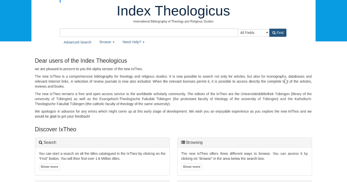 Index Theologicus vrij toegankelijke excellente literatuurdatabase