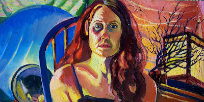 self portrait, head and shoulders in oil paint on canvas