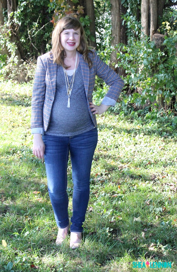 Outfit idea featuring a plaid blazer with jeans and a statement necklace and earrings | www.shealennon.com