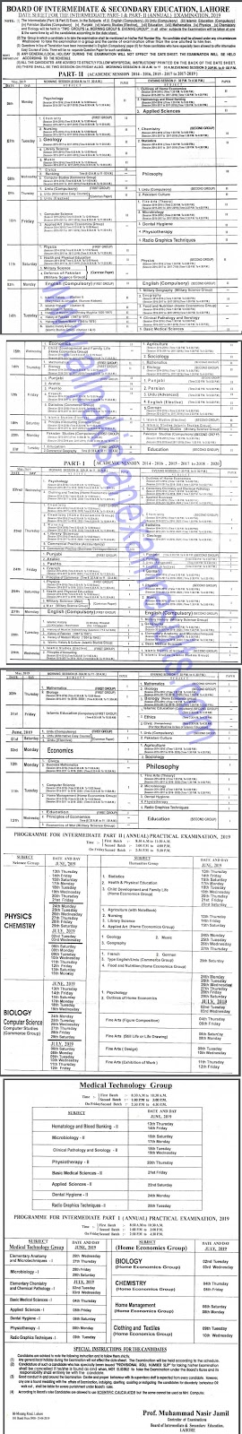 BISE Lahore Board 11th Class Date Sheet 2019
