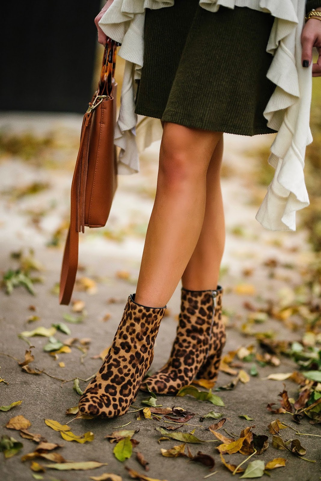 What to wear on Thanksgiving Day: Under $50 Olive Green Dress, Ruffle Vest and Leopard Booties - Something Delightful Blog