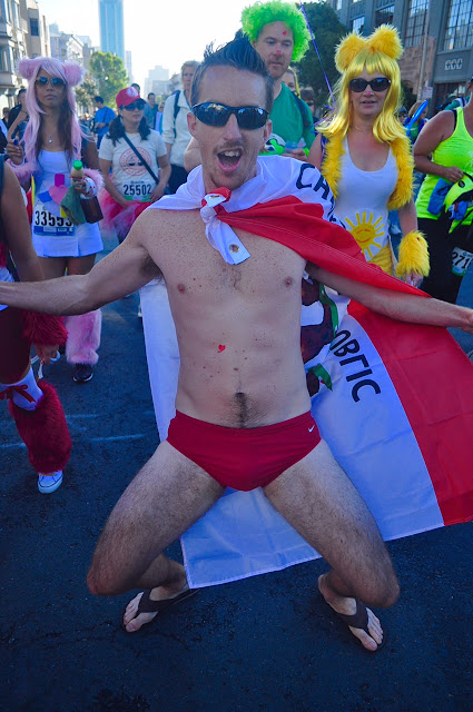 Bay to Breakers in San Francisco American man red underwear dancing Bay to Breakers San Francisco