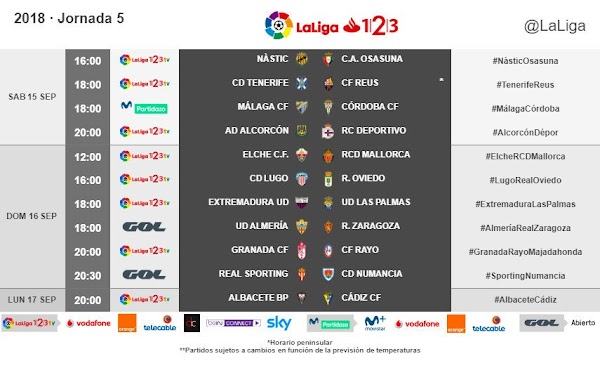 El Málaga - Córdoba de la jornada 5 será el sábado 15 de Septiembre a las 18:00 horas