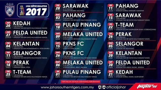 Jadual Perlawanan JDT 2017 Liga Malaysia 