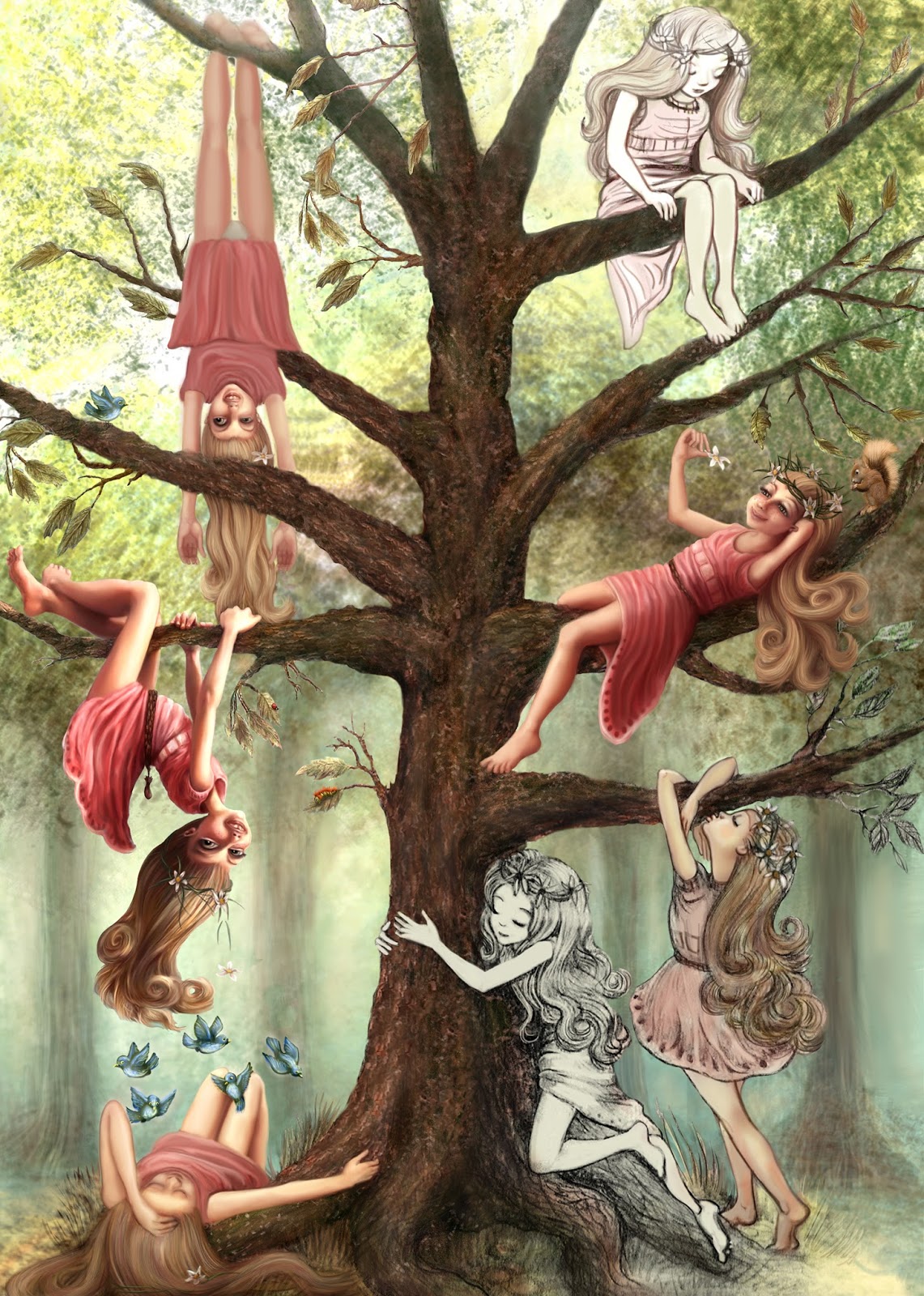 художник шинья окаяма. сказочный дуб. сказочное волшебное дерево. дуб и орешник толстой. сказка дети на деревьях.