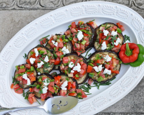 Roasted Eggplant Salad with Tomato-Caper Salsa, another Easy Summer recipe ♥ KitchenParade.com. A simple, wondrous late-summer salad. Low Carb. Weight Watchers Friendly.