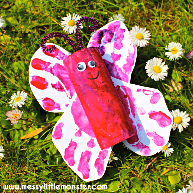 Toilet roll handprint butterfly craft for kids. An easy and adorable activity for  toddlers and preschoolers to enjoy. Perfect for a summer or minibeast project.