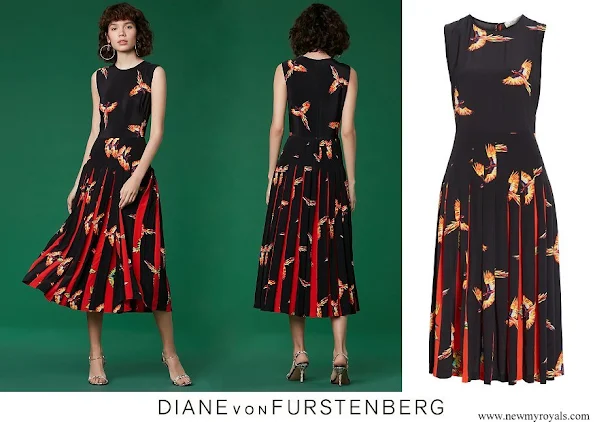 Queen Mathilde wore Diane Von Furstenberg talita aurora print silk dress womens black multi