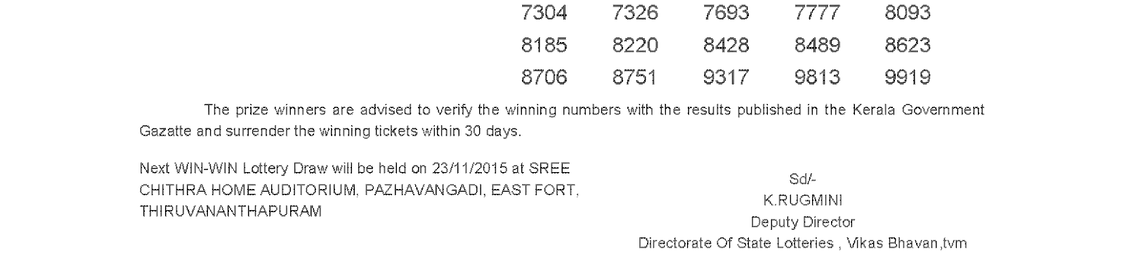 WIN WIN Lottery W 334 Result 16-11-2015