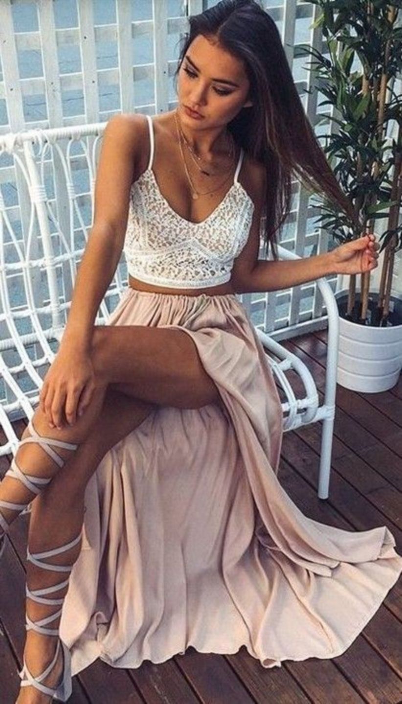 amazing outfit idea / white lace top + maxi skirt + lace up heels
