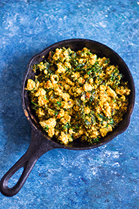 spiced scrambled tofu with wilted spinach