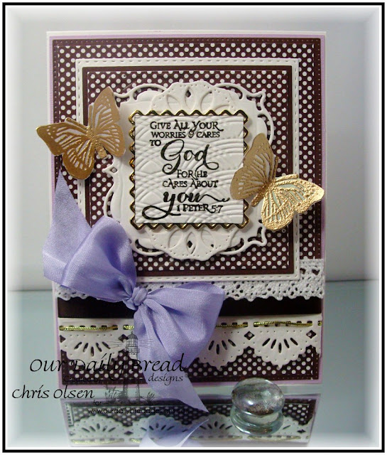 ODBD Stamps: Scripture Series 3, Trois Jolies Papillons ODBD Dies Used: Beautiful Borders, Doily, Trois Papillons, Squares, Double Stitched Squares, Layered Lacey Squares, Flourished Star Pattern ODBD Paper Used: Ephemera Essential Collections, designed by Chris Olsen