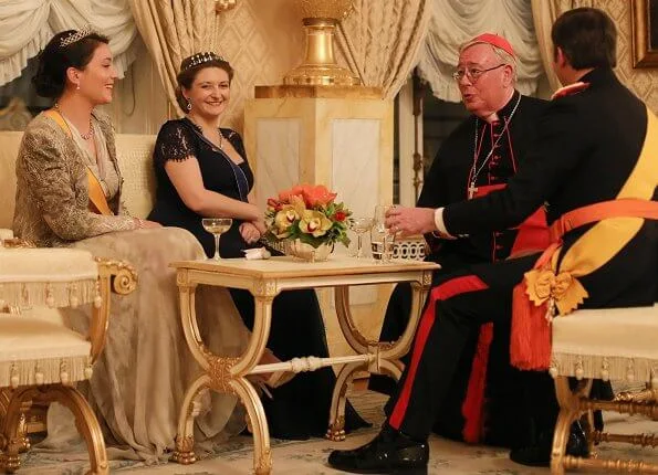 Princess Stephanie wore Seraphine navy blue silk and lace maternity evening dress. Hereditary Grand Duchess Stephanie and Princess Alexandra