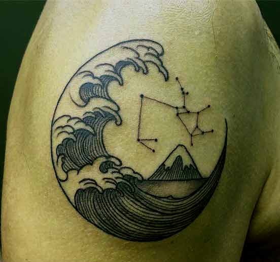Sagittarius constellation with half moon and sea waves tattoo