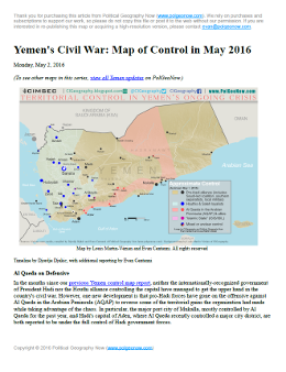 Map of territorial control in Yemen as of May 1, 2016, including territory held by the Houthi rebels and former president Saleh's forces, president-in-exile Hadi and his allies in the Saudi-led coalition and Southern Movement, Al Qaeda in the Arabian Peninsula (AQAP), and the so-called Islamic State (ISIS/ISIL). Includes recent locations of fighting, such as Taiz, Aden, Houta, Mukalla, and more.