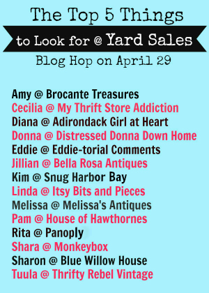 Top 5 Things to Look for @Yard Sales mythriftstoreaddiction.blogspot.com Blog Hop Graphic