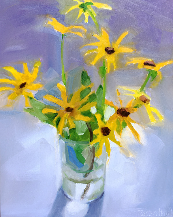 Robin Rosenthal Art Blackeyed Susans in Clear Glass Vase