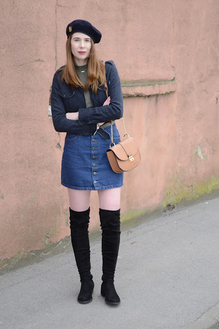 Women's Fashion blogger, Navy cropped military wool coat from Allsaints, Denim button down A-line skirt. Vintage Beret, Black suede Thigh high boots from Public desire