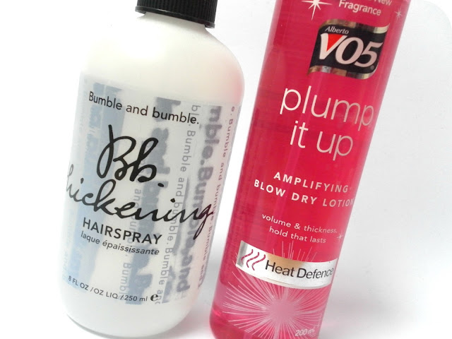 A picture of Bumble and Bumble Bb. Thickening Hairspray and VO5 Plump it Up Amylifying Blow Dry Lotion