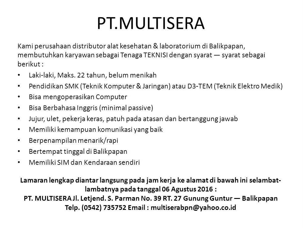 Lowongan Kerja Kota Balikpapan: Lowongan PT.MULTISERA