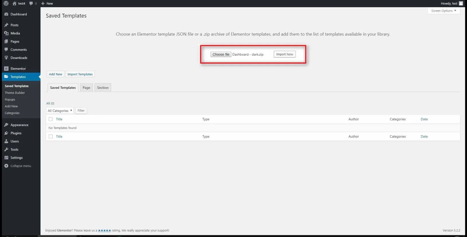 importing the dark template by clicking on the “Import Now” button.
