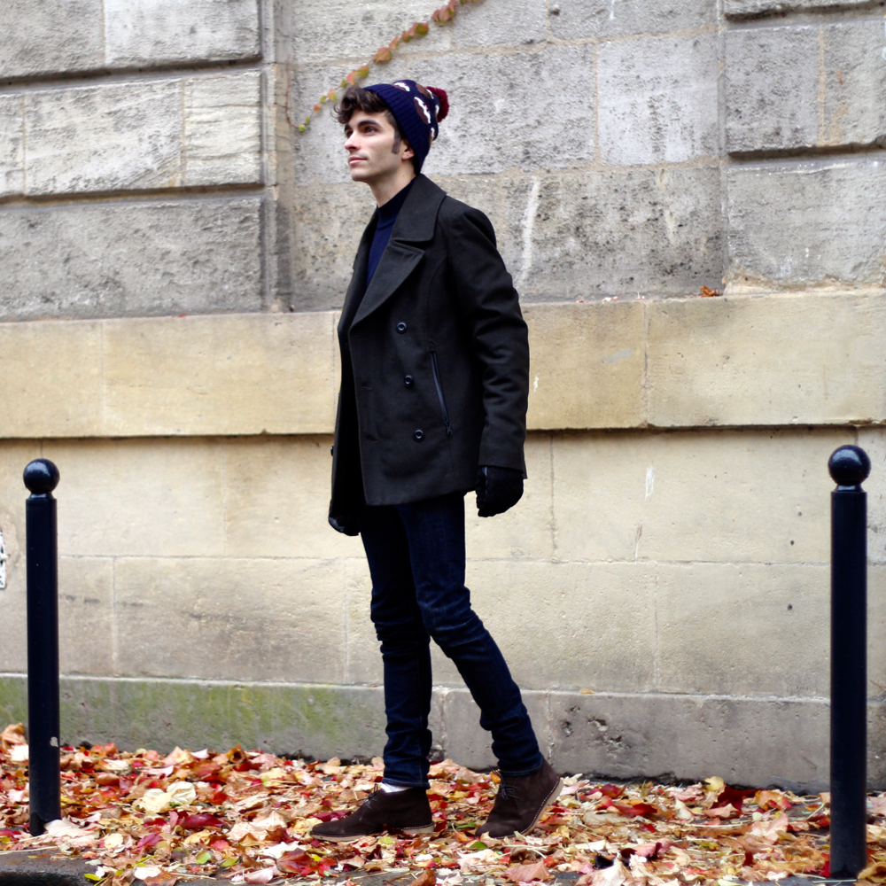 BLOG-MODE-HOMME-marks-spencer-shopping-links-col-roulé-tenue-hiver-bonnet-pompon-caban-vert-chukka-boots