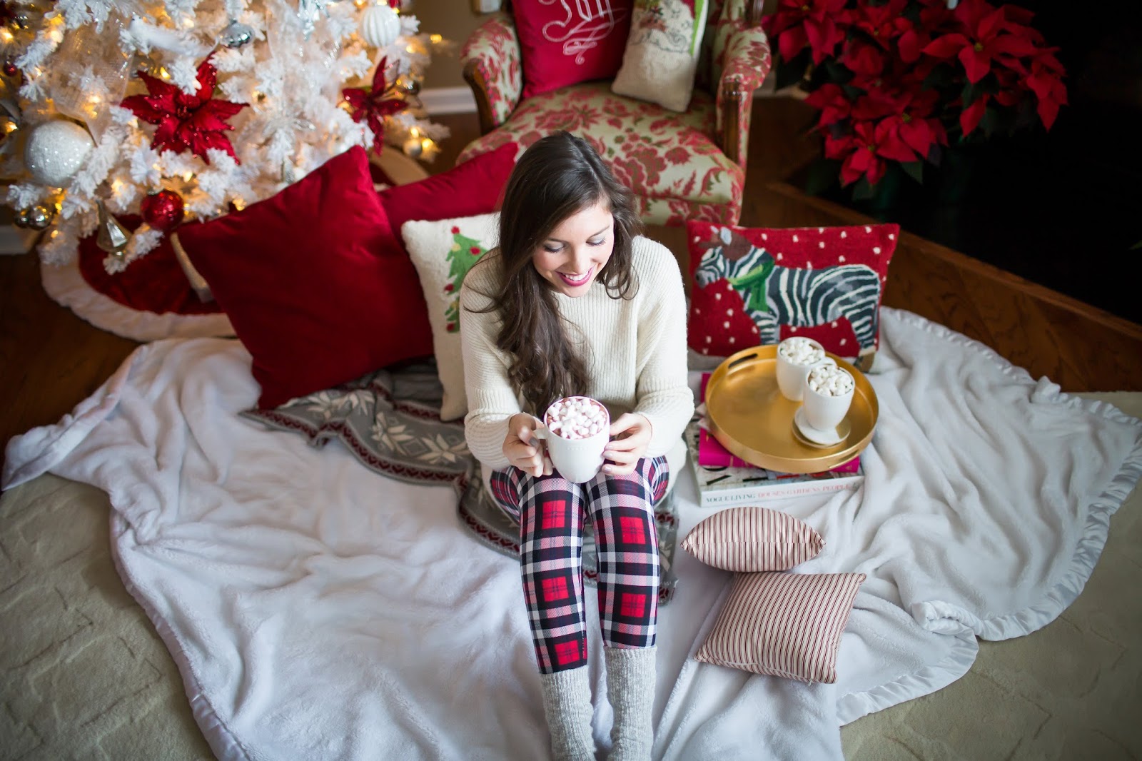 Christmas party photography, brittney rowland photography, christmas jammies, holiday party ideas, christmas party ideas, cozy christmas ideas, winter style, fashion bloggers, north carolina bloggers, nordstrom pajamas, nordstrom christmas pj's, christmas decor, plaid pajamas, oversized sweater, hot chocolate photography