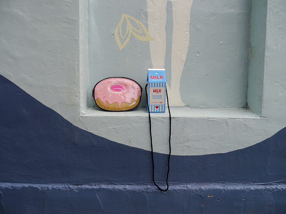 Novelty Bags blog birthday, blogging duo, Edinburgh bloggers, Scottish bloggers, blogger style, Edinburgh street style, colourful style, milkshakes, Rollershakes, Roller Shakes, Edinburgh street art, colourful wall art, novelty bags, donut clutch bag, New look donut back, milk back, milk carton bag, Skinnydip London