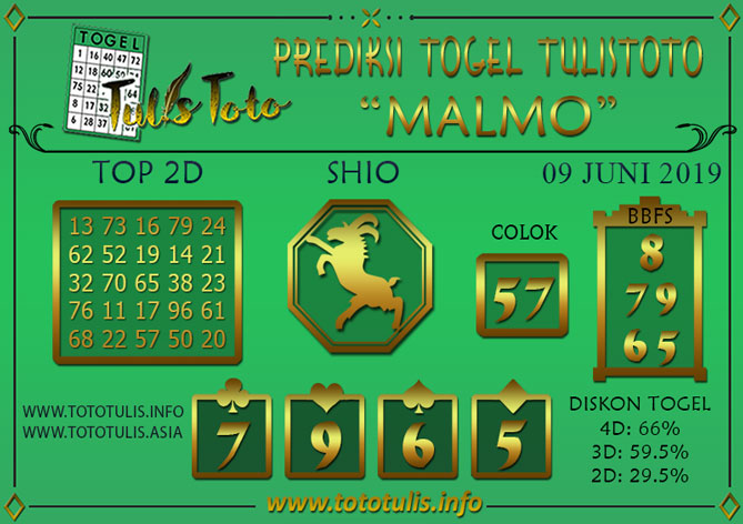 Prediksi Togel MALMO TULISTOTO 09 JUNI 2019