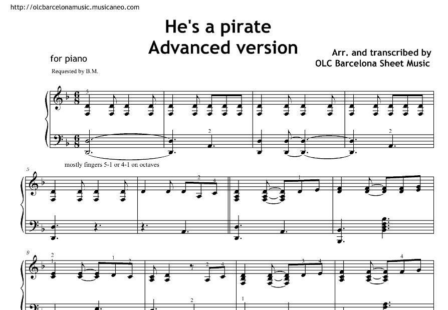 Ноты на пианино пираты карибского