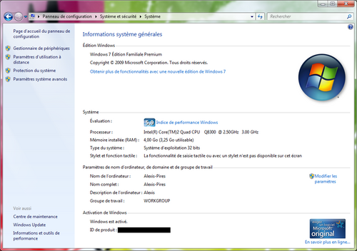 Windows 7 mémoire inférieure à la capacité installée