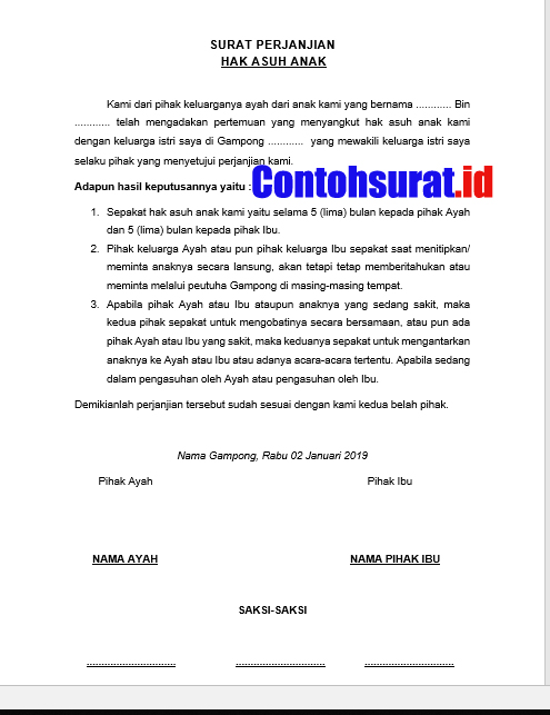 Contoh Surat Perjanjian Hak Asuh Anak Yang Baik