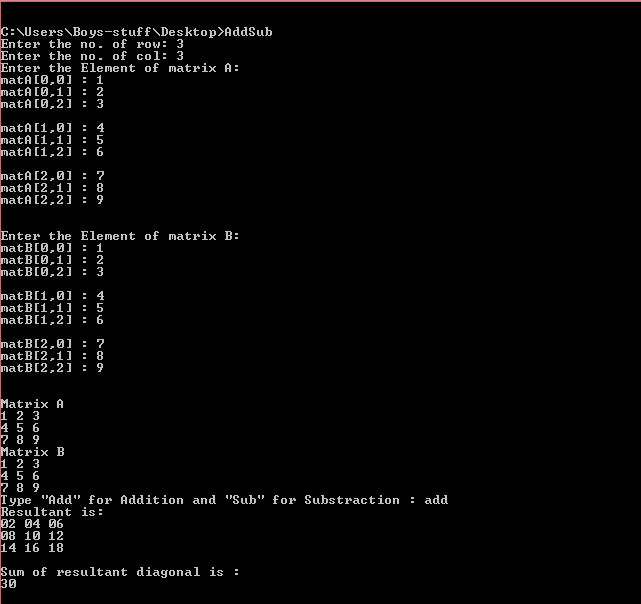 Addition and subtraction of matrices | Zero C#