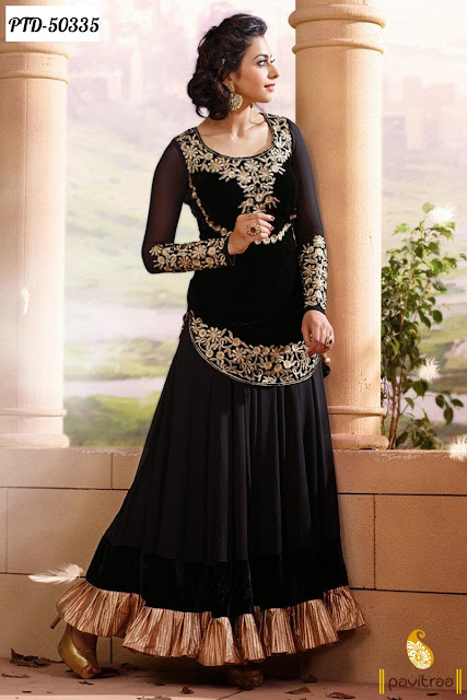 Wedding and New Year Bollywood heroine Rakul Preet Singh black santoon anarkali salwar suit 2015 2016 online with discount sale and deal pavitraa.in
