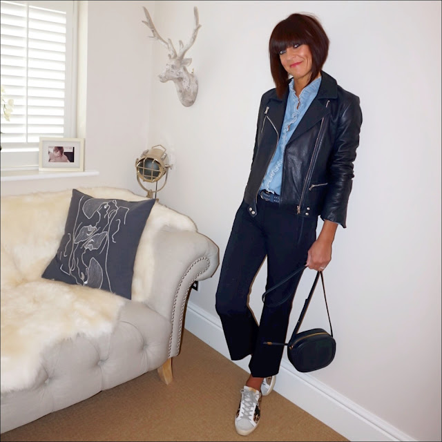My Midlife Fashion, massimo dutti leather biker jacket, isabel marant etoile frill chambray blouse, j crew cropped kick flare trousers, iris and ink leather shoulder bag, golden goose superstar leopard print trainers
