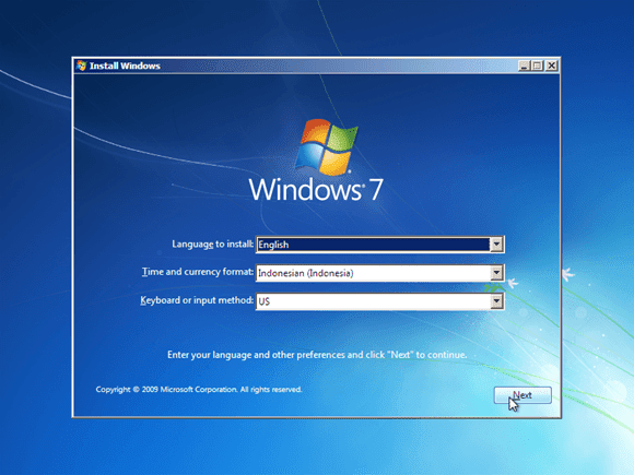 Cara instal windows 7 - pilih bahasa waktu dan keyboard input