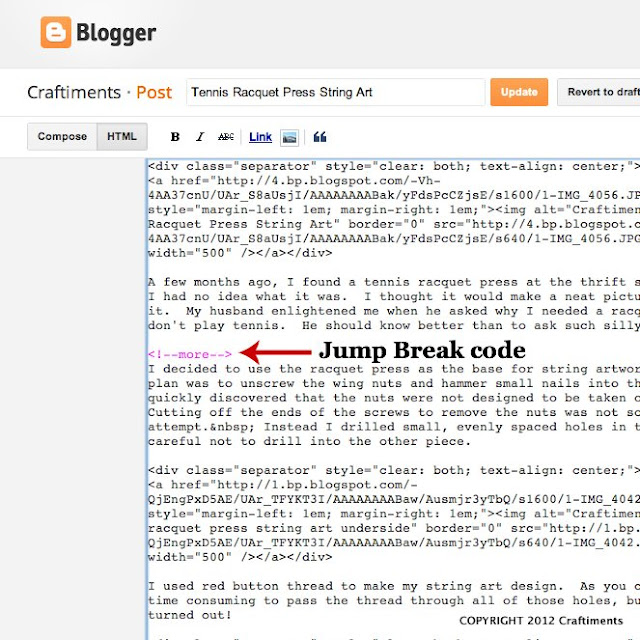 Craftiments:  Insert a jump break in HTML screen