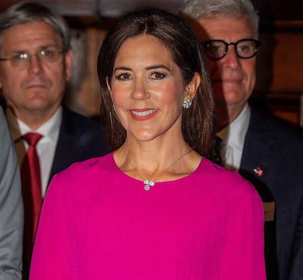 Crown Princess Mary wore No 21 long sleeve pleated midi dress, and carries Carlend Copenhagen Vanessa red clutch