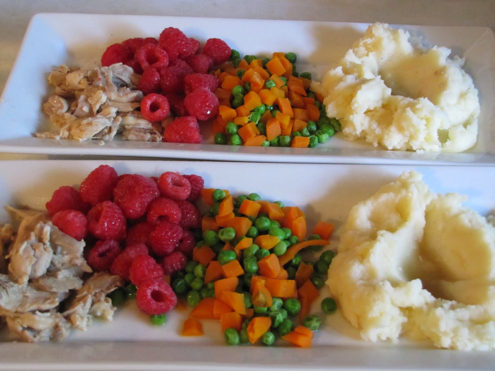 Chicken, Red Raspberries, Peas & Carrots, Mashed Potatoes with Broth