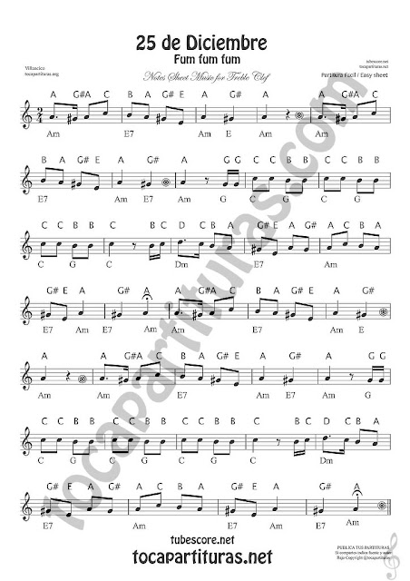 Easy Notes Sheet Music for Beginners 25 de Diciembre Carol Songs for Treble Clef, Flute, Violin, Saxophones, Clarinet, Trumpet, Horns...