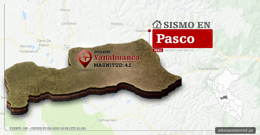 Temblor en Pasco de Magnitud 4.1 (Hoy Jueves 27 Agosto 2020) Sismo - Epicentro - Yanahuanca - Daniel Alcides Carrión - IGP - www.igp.gob.pe
