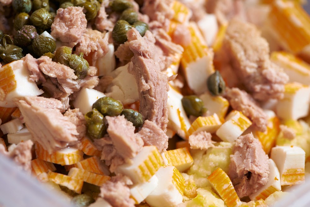 Soleras Rezepte: 22. Russischer Salat mit Surimi-Stäbchen und Gambas