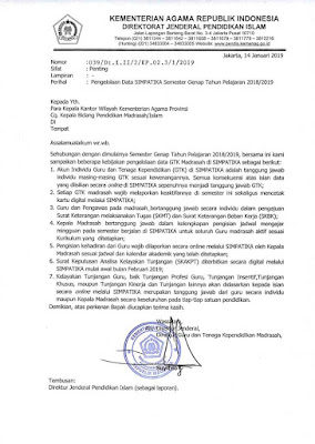  Dirjen Pendis Kemenag melalui Direktur GTK Madrasah kembali menerbitkan surat edaran terb Edaran Pengelolaan Data Simpatika Januari 2019