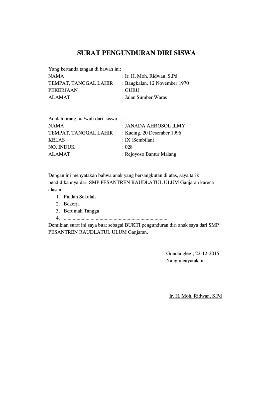 Contoh Surat Pengunduran Diri Dari Sekolah Wood Scribd Indo
