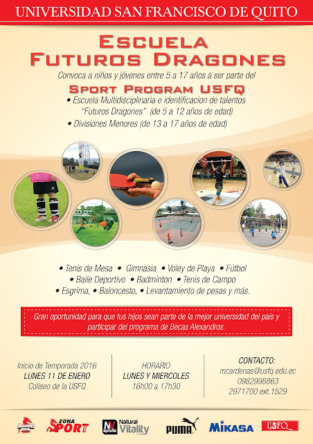 El Departamento de Deportes de la USFQ y la Escuela Futuros Dragones convoca a niños y jóvenes entre 5 a 17 años a ser parte del Sport Program USFQ