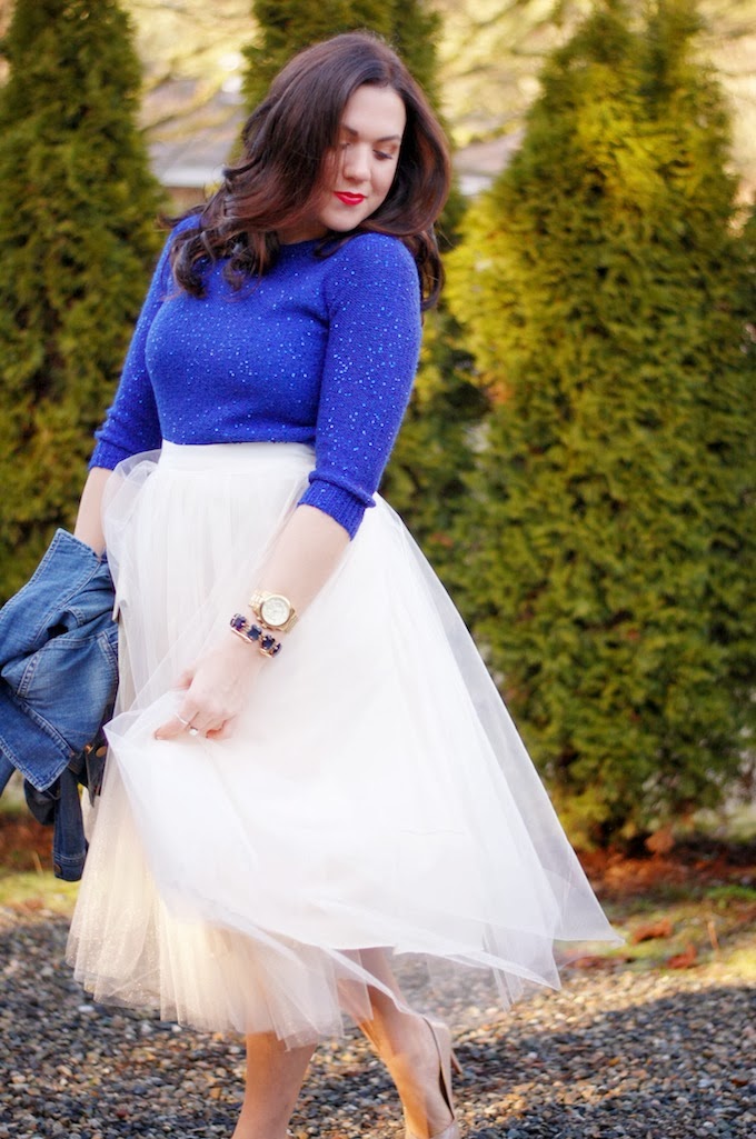 Ice queen: Royal blue Anne Klein sequin sweater and tulle midi skirt ...