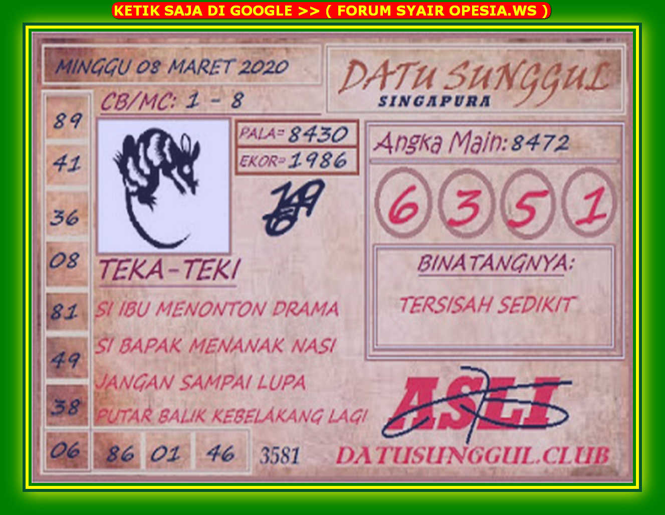 Syair Sgp 8 Maret 2020 Kode Syair Sgp Syair Hk Syair Sydney 2020